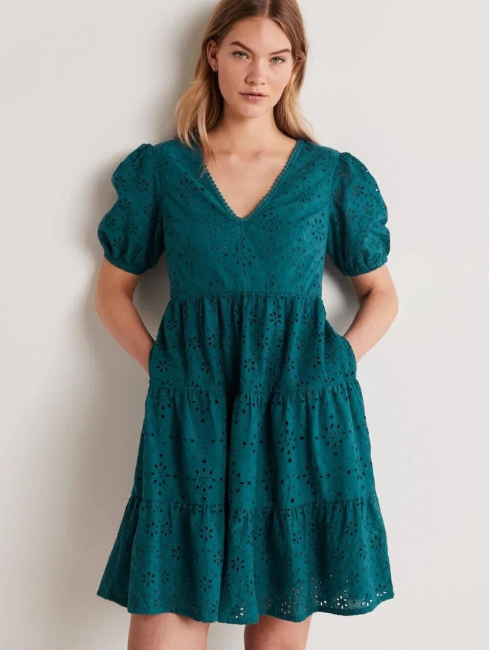 Boden Teal/Green Eyelet Tiered V-Neck Women Dress